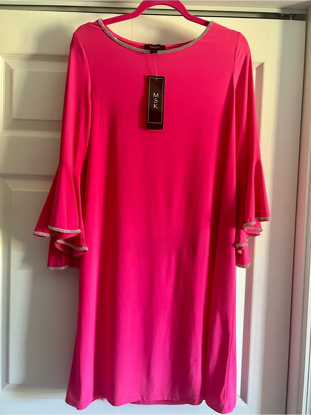 MSK Vibrant Hot Pink Ruffle Sleeve Dress with Rhinestone Trim